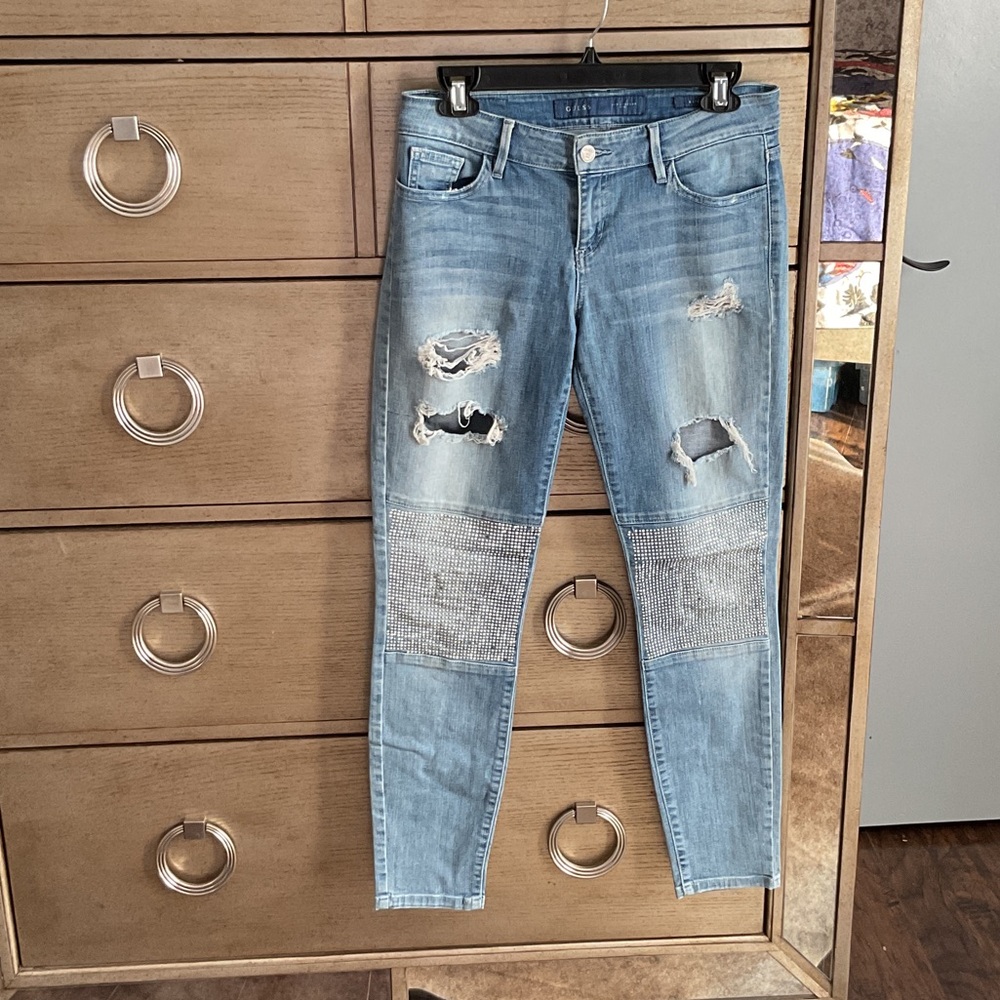 Guess Light Blue Distressed studded Skinny Jeans; size 28
